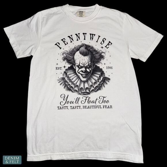 Comfort Colors Pennywise You’ll Float Too Horror Graphic Tee Halloween NEW - Picture 2 of 6